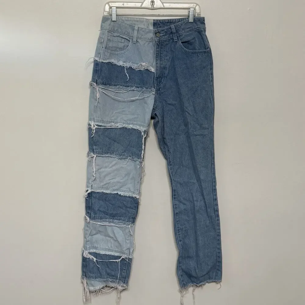SHEIN Y2K Casual Washed Wide-Leg Baggy Jeans Patchwork Frayed Sz 10 - Picture 1 of 3
